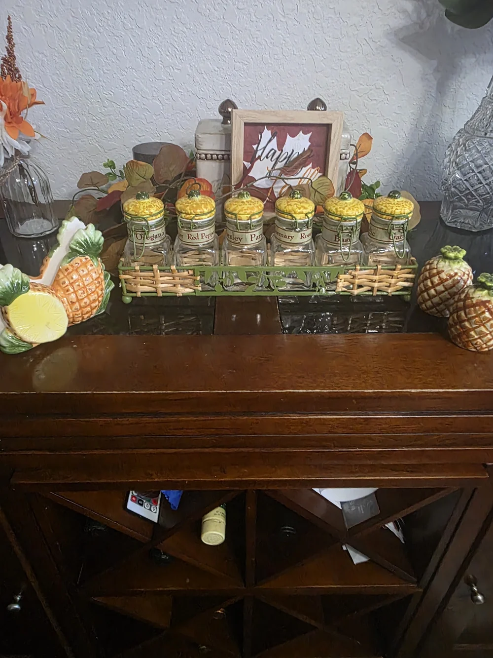Vintage Spice Jar Set With Wicker Rack Pineapple Salt Pepper Shakers Napkin Hold